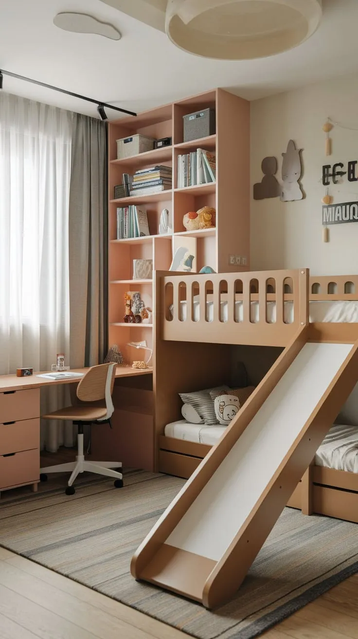 This stylish kids' room combines playful elements like a bunk bed slide with practical features such as a desk and bookshelf for a perfectly balanced design.