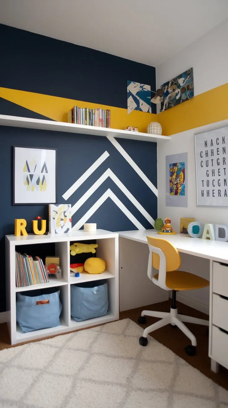 A stylish modern boy's bedroom features a navy blue wall with geometric accents, a white desk and yellow chair, creating a fun and functional space.