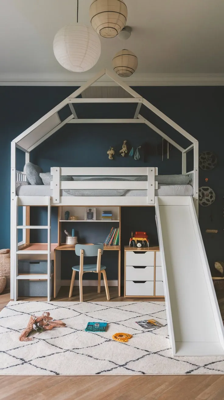 A modern kids' room features a dark blue accent wall, a fun bunk bed with slide, and a playful yet organized study area.