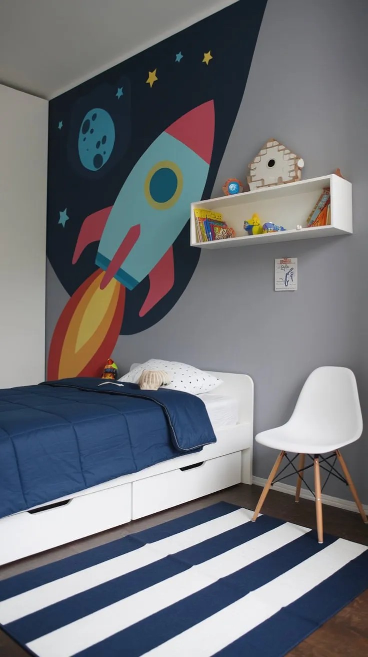 A modern boy's bedroom blasts off with a colorful rocket ship mural, creating a fun and imaginative space.