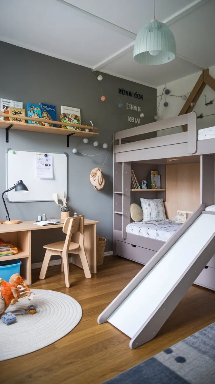 A stylish gray-walled bedroom blends learning, play, and sleep with a bunk bed, slide, reading nook, and dedicated workspace for a four-year-old boy.