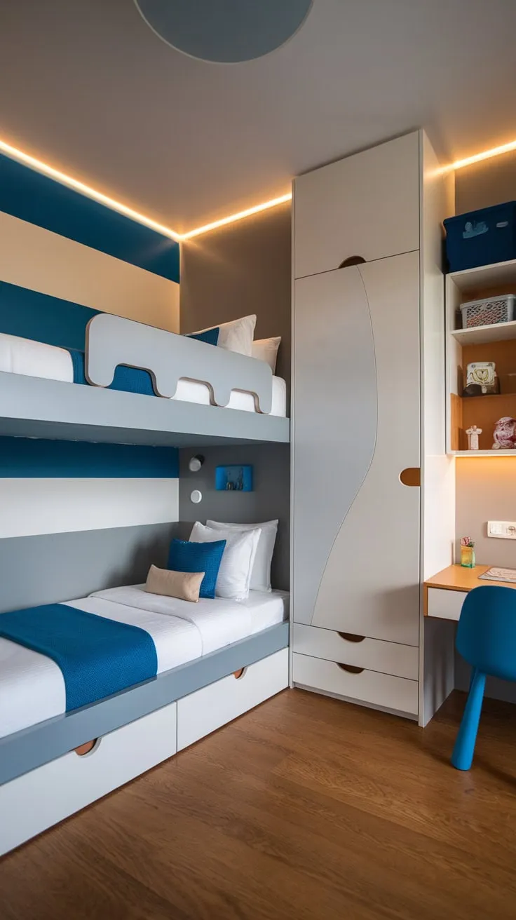 A modern kids' room boasts bunk beds and a nautical-inspired design with grey walls, white furniture, and a warm, inviting atmosphere.