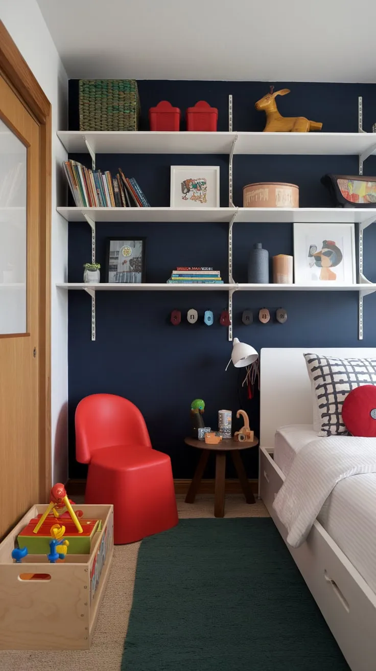 A navy-blue-walled haven for a four-year-old boy features a white bed, pops of red and green, and playful storage solutions.