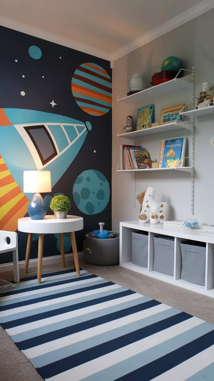 A vibrant spaceship mural transforms a grey-walled bedroom into a four-year-old boy's captivating cosmic play space