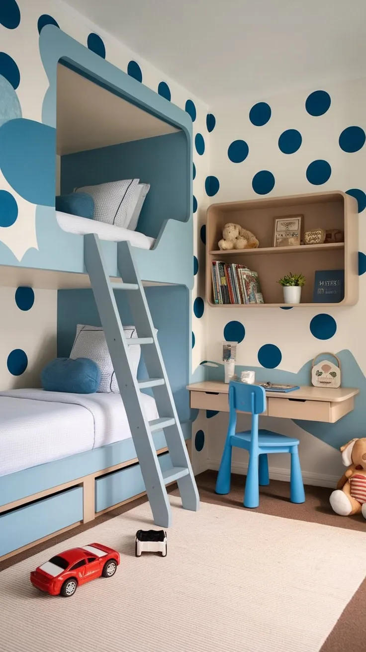 A toddler boy's modern bedroom features bunk beds, a workspace, and playful blue-circle walls, creating a fun and functional space.