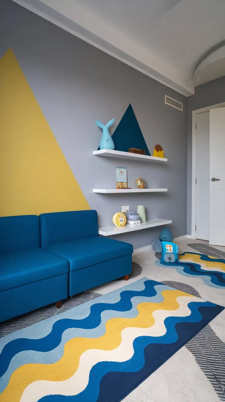 A playful gray and yellow modern bedroom design for a four-year-old boy features a wave-patterned rug and a cheerful blue couch.