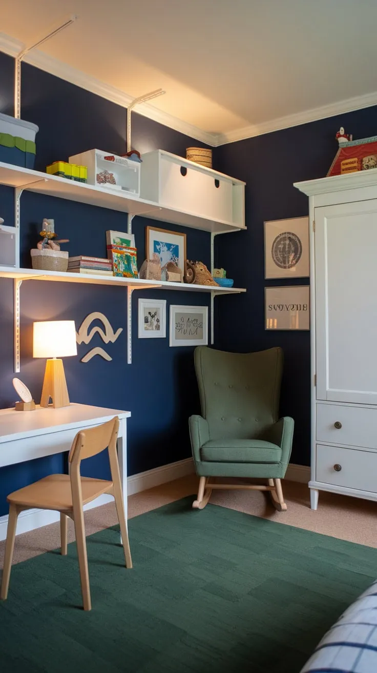 This modern boy's bedroom features a calming navy wall, pops of green, and functional white furniture creating a stylish and playful space.