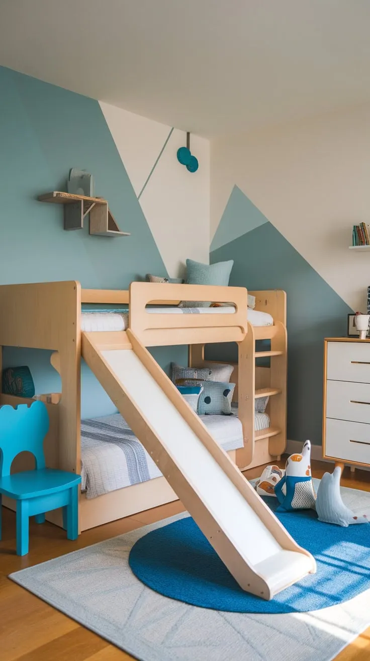A toddler boy's modern bedroom features a wooden bunk bed with slide, reading nook, and playful blue and white geometric decor.