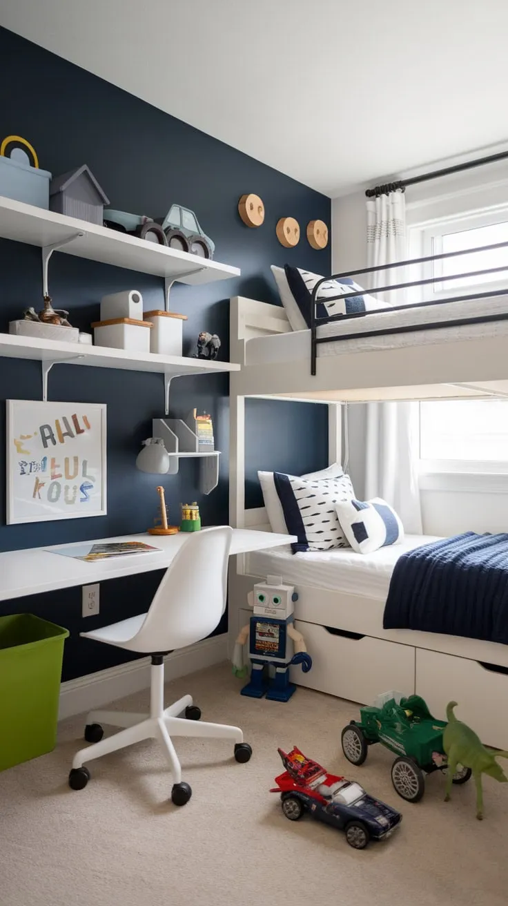 Stylish white furniture and a pop of green accent a modern four-year-old's navy blue bedroom.