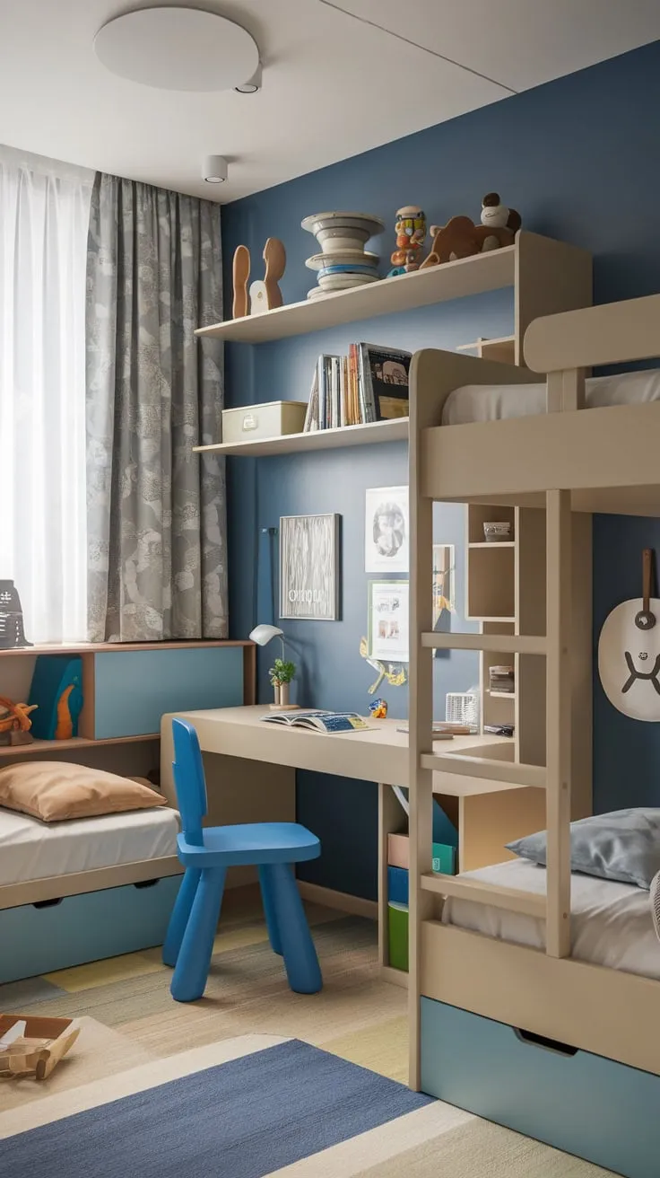 A vibrant blue modern boy's bedroom features bunk beds, a workspace, and ample storage for toys and books