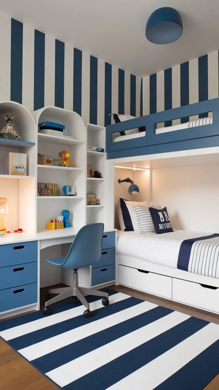 Blue and white stripes, a bunk bed, and coordinating furniture transform this modern kids' room into a cheerful haven.