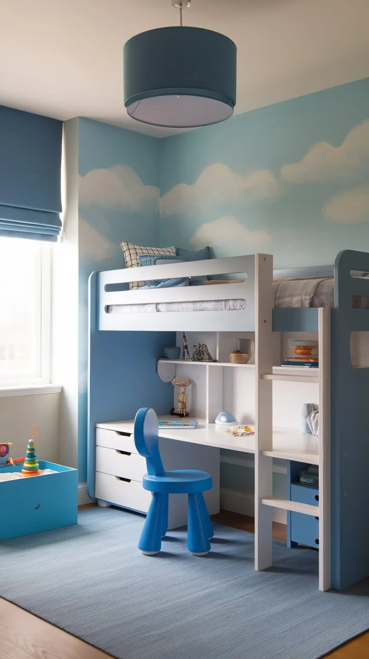 A modern toddler boy's bedroom features a stylish blue bunk bed and cloud-themed walls for a fun and functional space.
