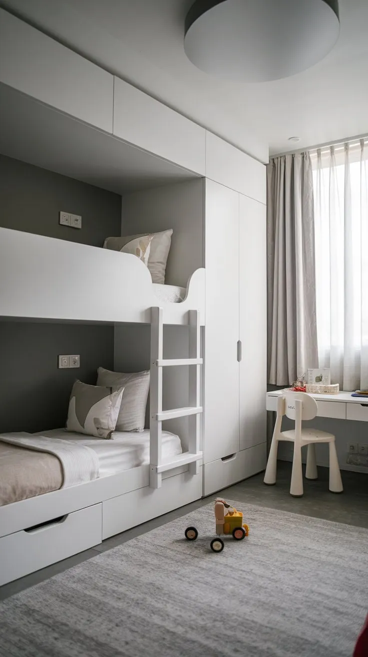 A stylish gray and white modern kids bedroom features bunk beds, a desk, and a playful touch.