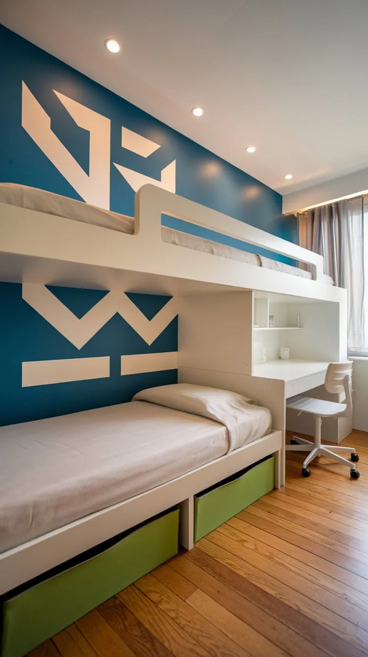 A bright modern kids' room boasts bunk beds, geometric wall art, and smart storage solutions within a light-filled space