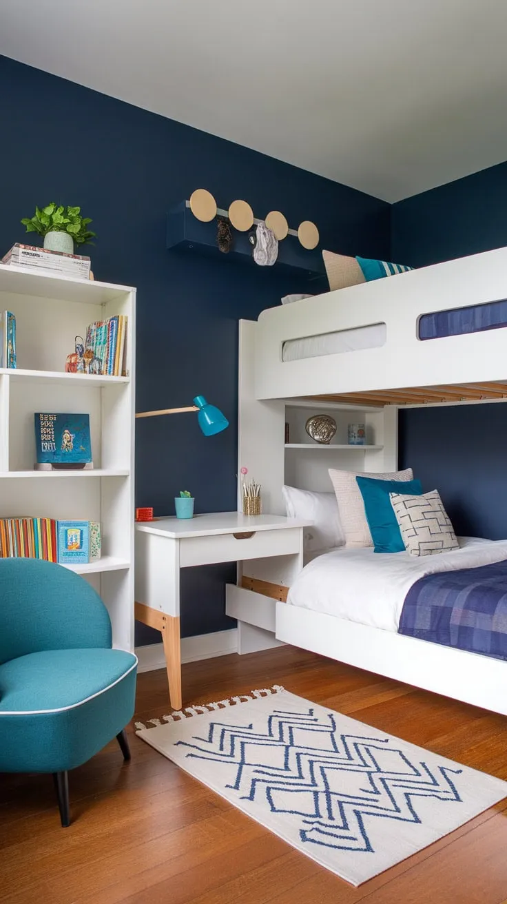 Stylish navy and white define this modern kids' bedroom, complete with a bunk bed, desk, teal accent chair, and geometric rug.