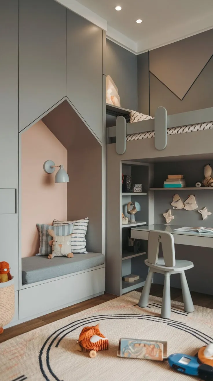 Soft lighting illuminates a grey-walled modern toddler boy's bedroom complete with bunk bed, desk, reading nook, and playful touches.