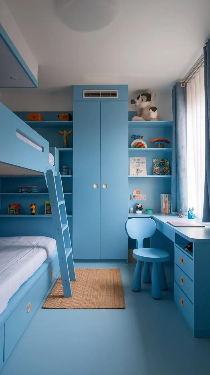 A bright blue modern kids bedroom features a bunk bed, desk, wardrobe, and playful shelving, creating a functional and stylish space.
