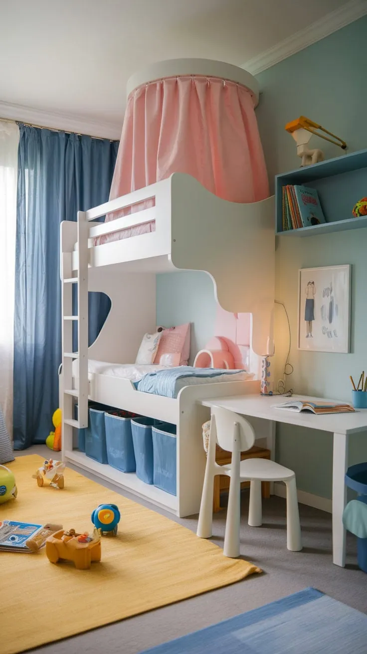 Soft blue walls and a cheerful yellow rug create a calming yet stimulating space for a young child.