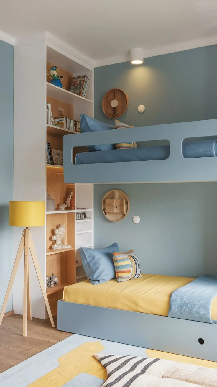 Sunny yellow and calming blue create a playful yet modern space in this boy's bedroom, complete with a bunk bed and stylish shelving.