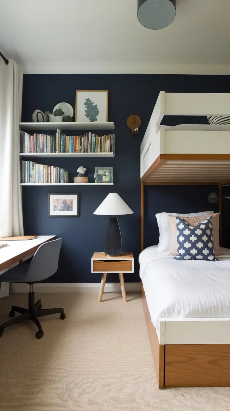 Stylish navy walls and a white wood bunk bed create a modern kids' bedroom haven complete with a study nook and playful decor.
