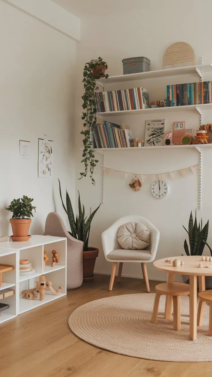 Soft lighting and a minimalist design create a serene modern playroom for kids aged 5-8, fostering creativity amidst carefully chosen toys and plants.