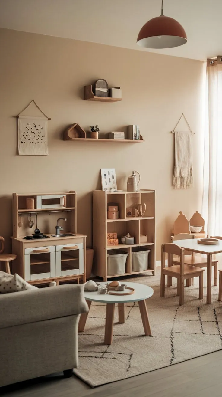 A stylish and functional playroom for 5-8 year olds seamlessly integrates a family-friendly living space with dedicated play areas, bathed in natural light.