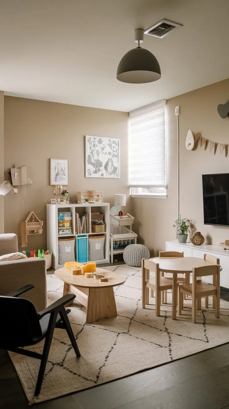 A modern playroom seamlessly blends family living space with dedicated play areas, featuring comfortable seating, a playful bookshelf, and a dedicated play table.