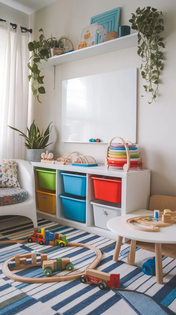 A stylish modern playroom seamlessly blends learning and fun with colorful storage, a whiteboard wall, and playful wooden toys in a bright, family-friendly space
