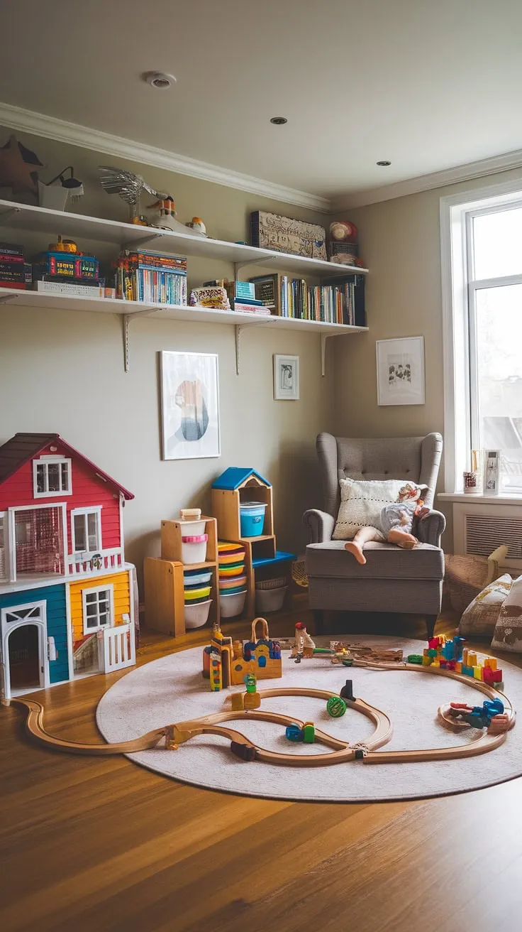 This family living room playroom is the epitome of modern kids playroom design.  From the carefully curated toys and books to the calming grey walls, every detail speaks to thoughtful children's playroom ideas.  Perfect for kids aged 5-8, this space offers a dedicated area for imaginative play, showcasing the best in playroom inspiration.  It's a stunning example of how to create a functional and stylish kids rumpus room.