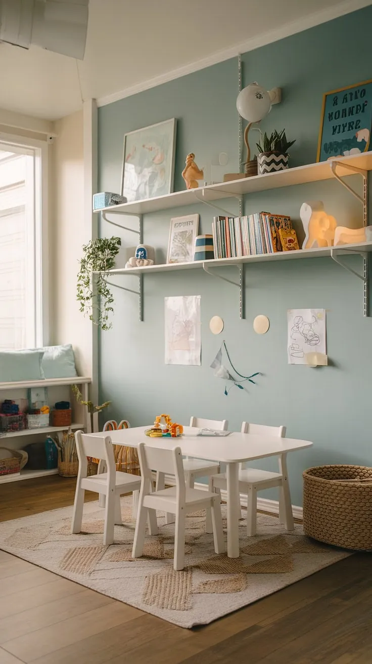 This modern kids playroom, perfect for ages 5-8, seamlessly blends into the family living room.  The interior design playroom showcases clever playroom ideas, maximizing space and style.  A calming blue backdrop, white shelving displaying books and playful accents, and a cozy rug create a kids rumpus room that's both functional and inspiring.  This kids playroom inspiration offers a modern playroom design that's as stylish as it is practical, providing the perfect environment for creative play.