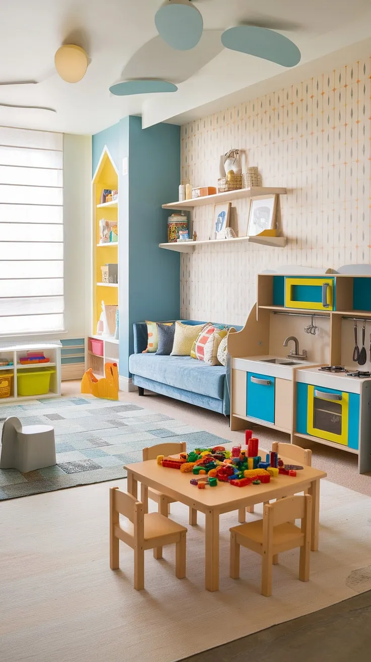 A stunning example of modern playroom design, this family living room playroom is perfect for kids aged 5-8.  The thoughtful layout incorporates various play areas – a cozy reading nook, a creative building block station, and a fully equipped play kitchen – making it a haven for imaginative play.  Explore these playroom ideas for your own kids rumpus room, and discover the perfect blend of style and functionality in this interior design playroom.  Find your kids playroom inspiration here.