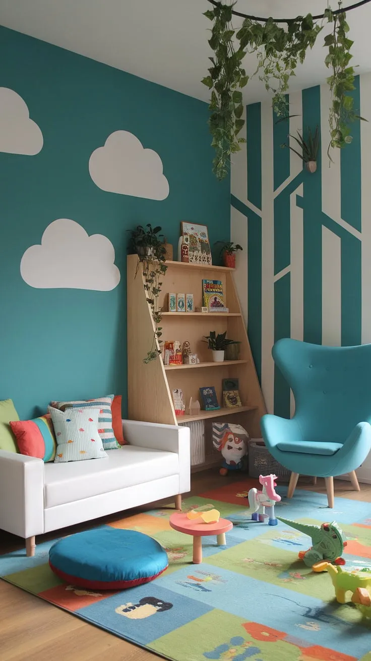 This modern kids playroom, perfect for ages 5-8, seamlessly blends family living room functionality with imaginative play.  The teal and green walls, adorned with clouds and trees, create a whimsical backdrop for playtime adventures.  Clever interior design playroom choices, like the built-in shelving and comfy seating, ensure both organization and relaxation.  Get inspired by this kids rumpus room and discover endless playroom ideas for your little ones. This modern playroom design is a testament to creating a fun and functional space.