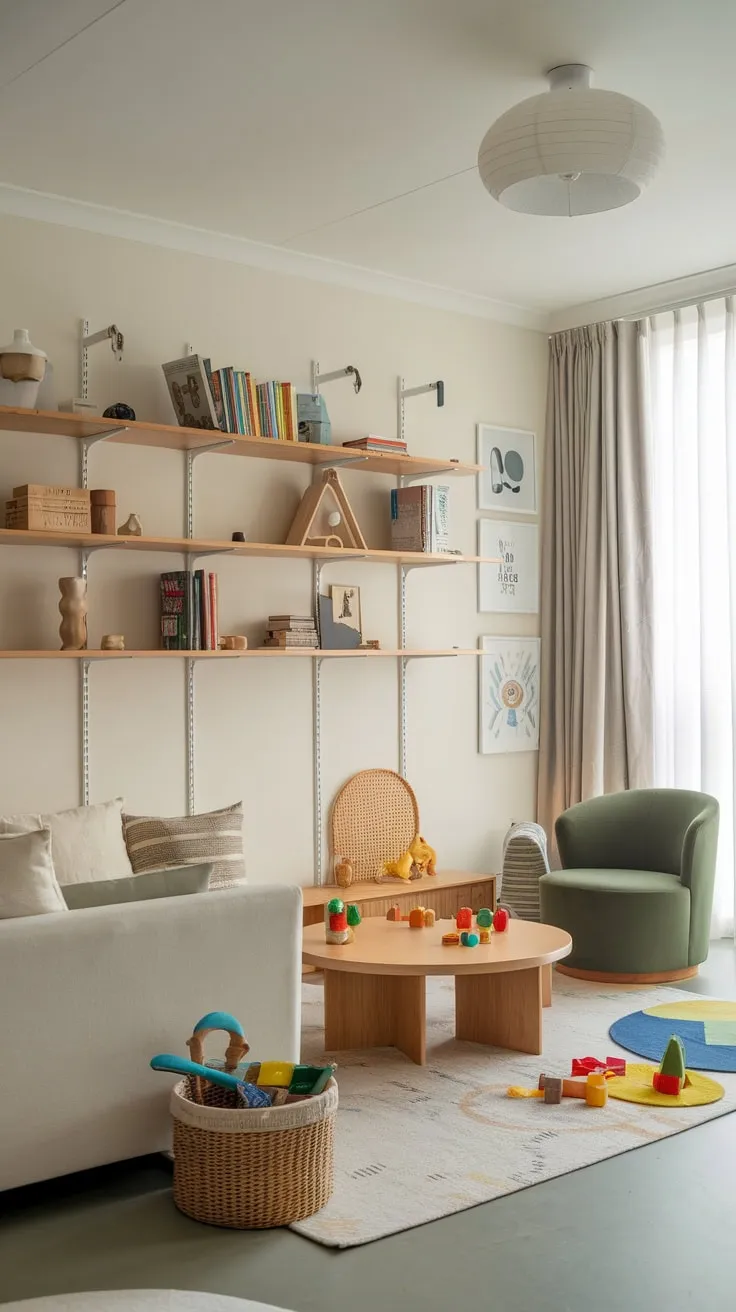 Stylish wooden shelves and a vibrant rug define a modern playroom integrated into a family-friendly living area.