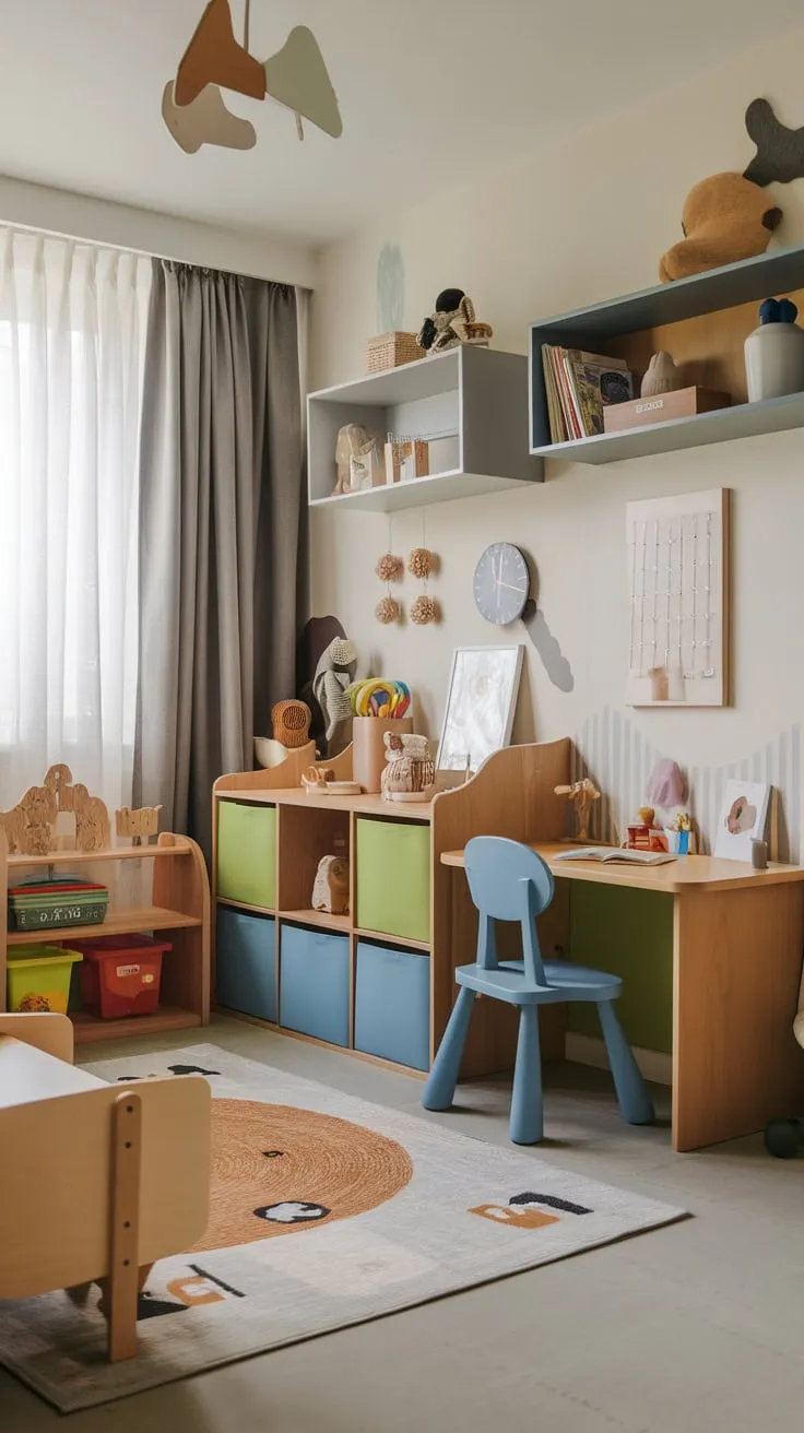 Stylish and functional, this modern playroom for 5-8 year olds seamlessly combines playful decor with practical learning areas.
