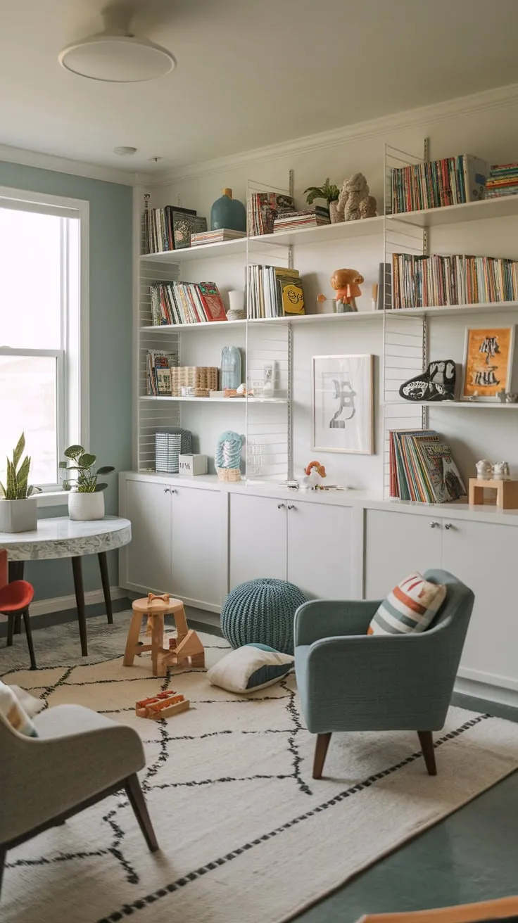 A stylish and functional modern playroom for 5-8 year olds seamlessly integrates a living room aesthetic with dedicated play areas.