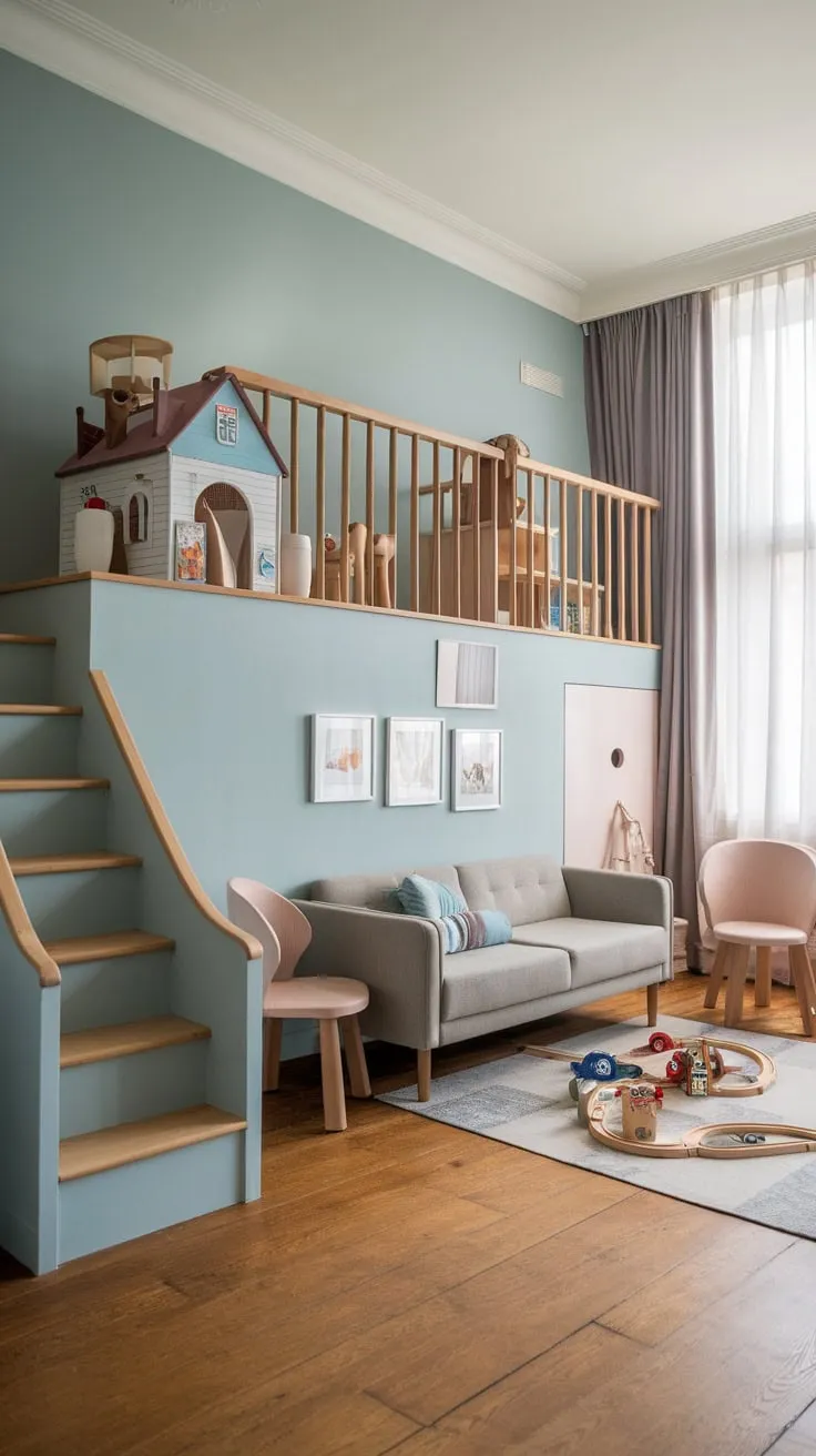 A stylish family living room features a modern kids' playroom loft, complete with wooden stairs, diverse toys, and comfortable seating.