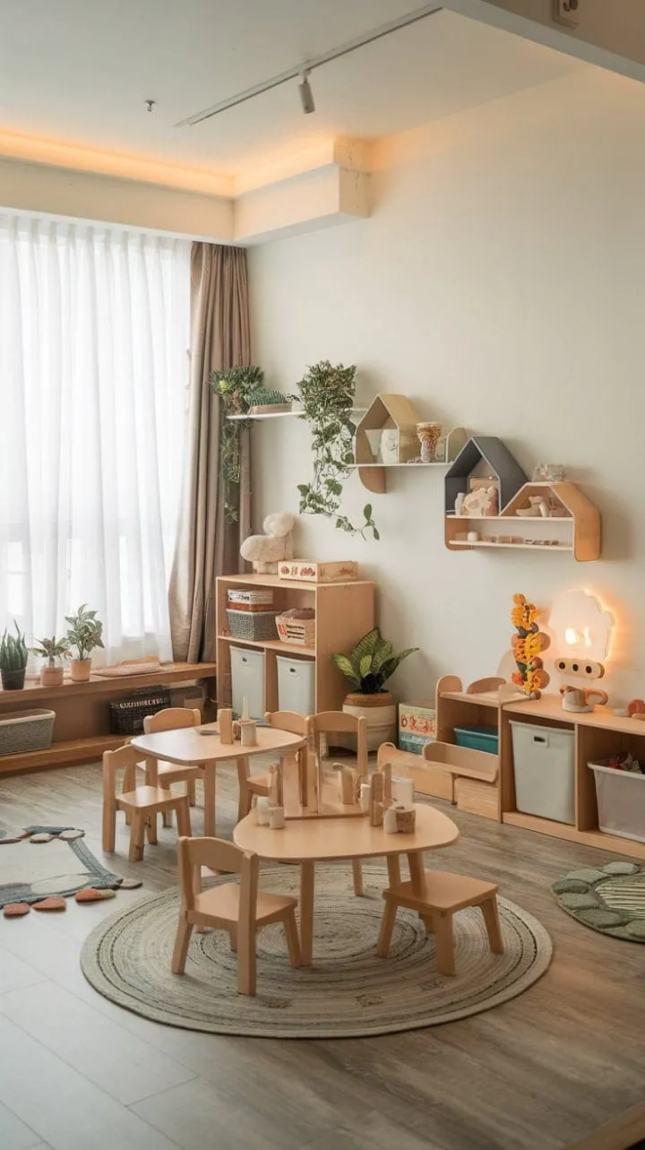 This enchanting playroom, bathed in natural light and adorned with cozy furniture and curated toys, seamlessly blends functionality and charm, making it a delightful haven for play and cherished memories.