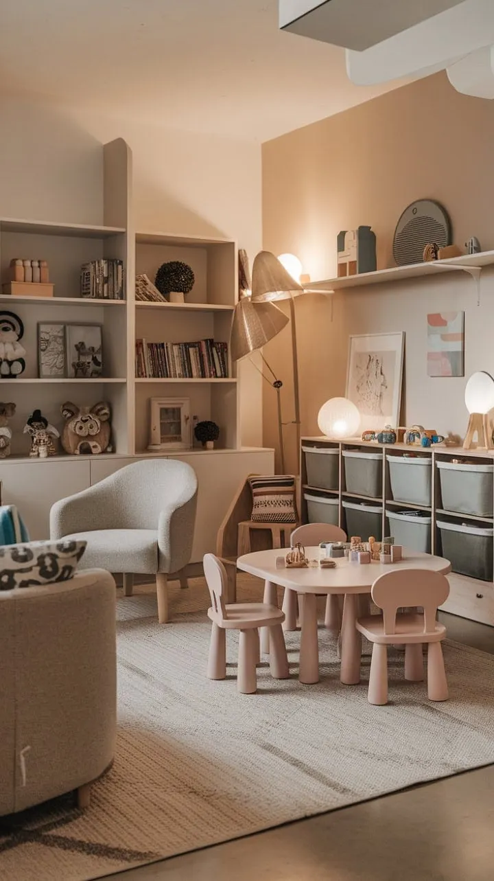 This enchanting playroom harmoniously merges with the living area, fostering joyful adventures for kids and serene relaxation for parents in a cozy, connected haven.