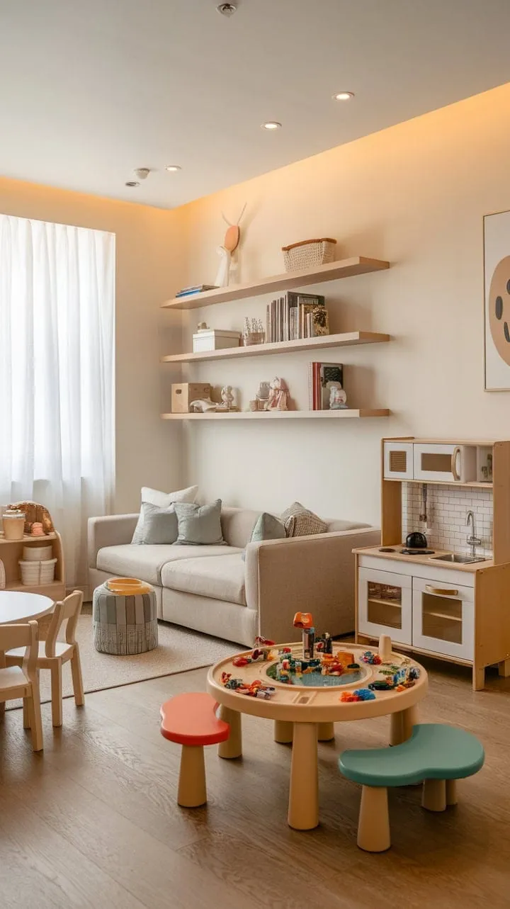 This beautifully crafted sanctuary blends a chic living area with a lively playroom, fostering a joyful environment where creativity and comfort thrive together.