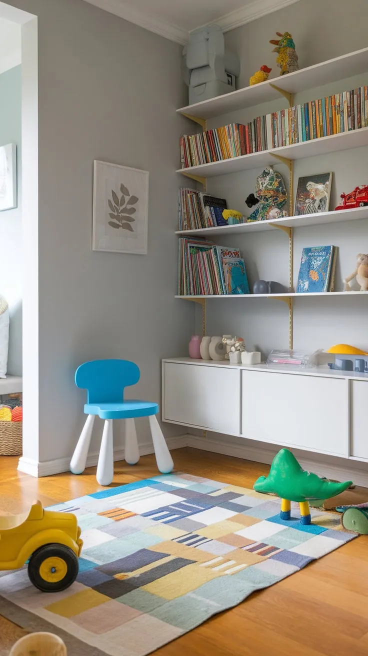 A light gray and wood-floored play area within the living room boasts colorful toys and books, creating a cheerful and stylish space for kids.