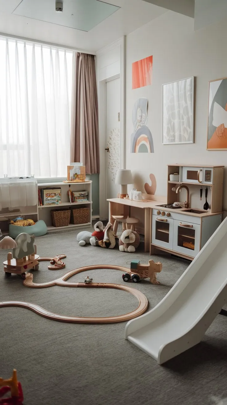 A vibrant modern playroom features a white slide, wooden train set, and colorful artwork creating a stimulating space for imaginative play