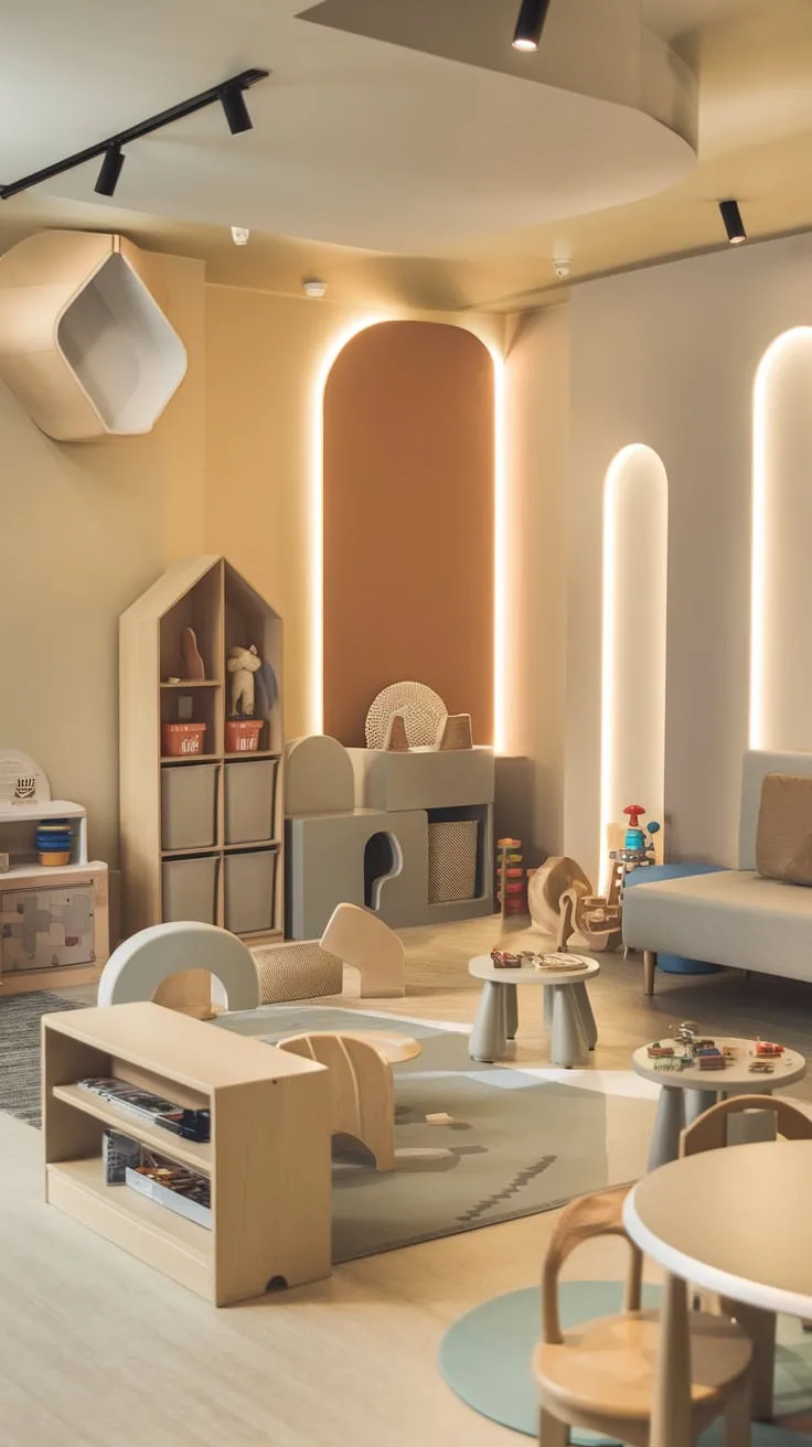 Light wood floors and multiple light sources enhance the stylish yet functional design of this modern kids playroom integrated into the family living area.