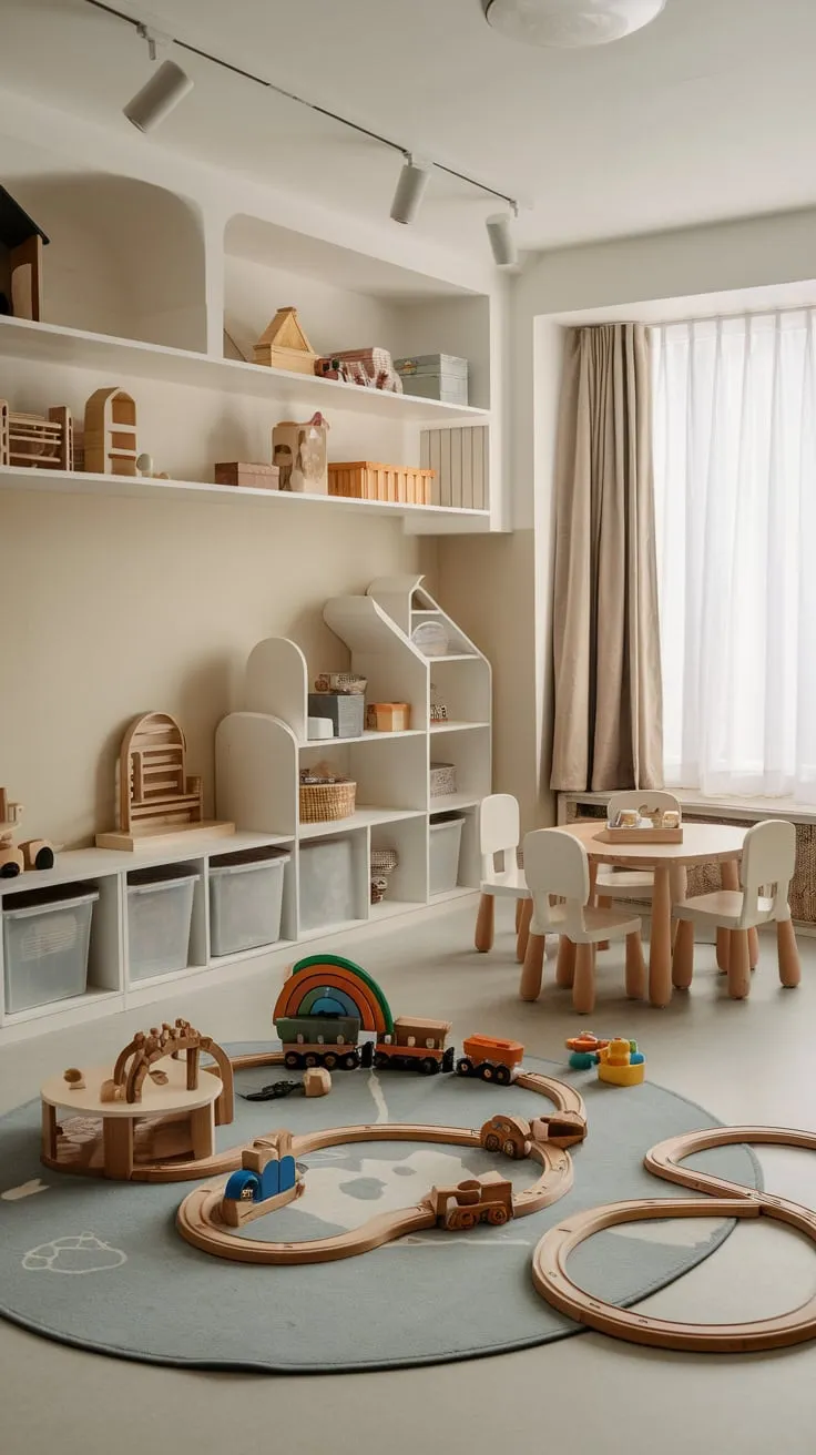 A bright modern playroom caters to 5-8 year olds with toys, storage, and a comfy space for imaginative play