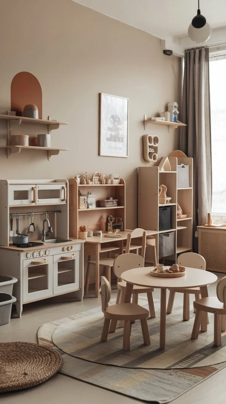 A modern playroom seamlessly blends family living space with age-appropriate toys and furniture for kids aged 5-8, creating a cozy and stimulating environment