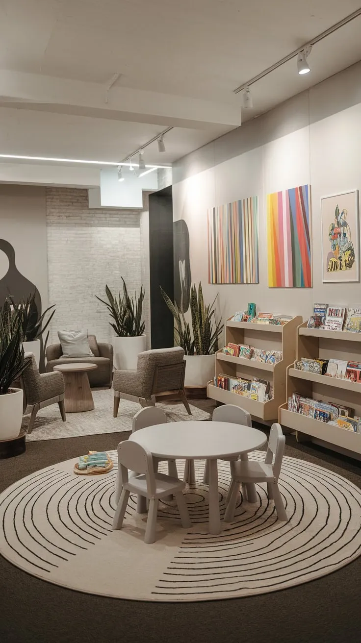 A bright modern playroom seamlessly blends family living space with colorful art, playful furniture, and ample storage for toys and books