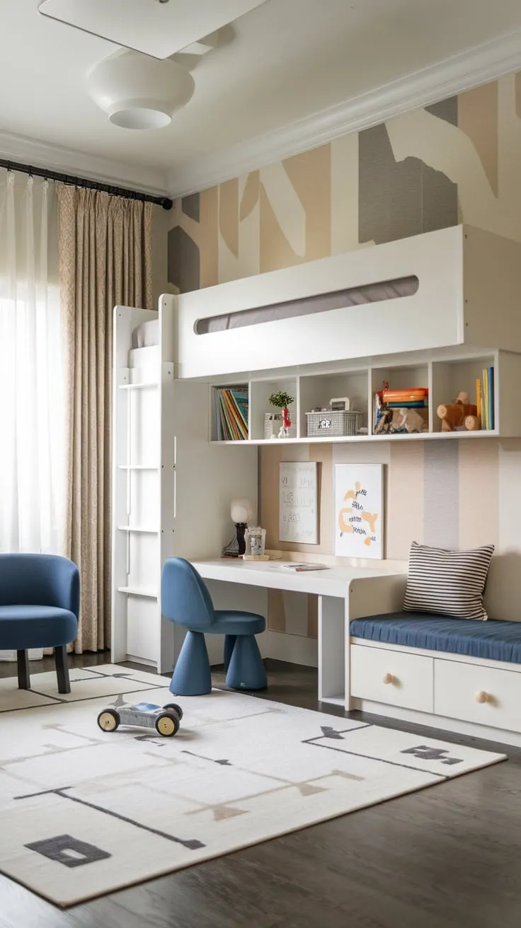 A white and beige playroom features a loft bed maximizing space and creating a functional yet fun area for kids.