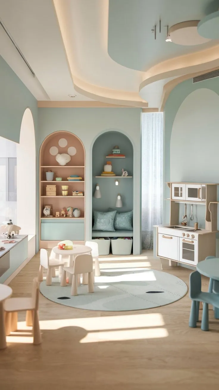 Natural light floods a stylish playroom featuring white furniture, light blue walls, and smart storage solutions, creating a whimsical yet functional environment for kids.