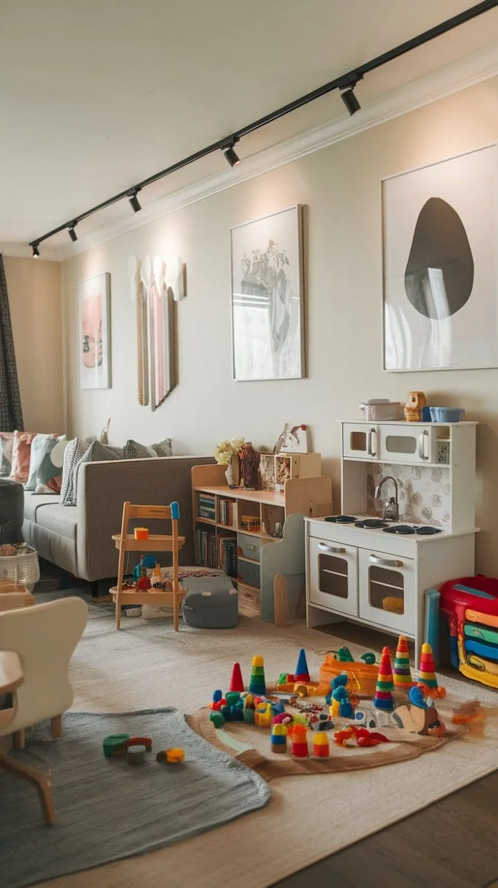 This imaginative playroom blends creativity and comfort, inviting both children and parents to embark on culinary adventures and artistic explorations together.