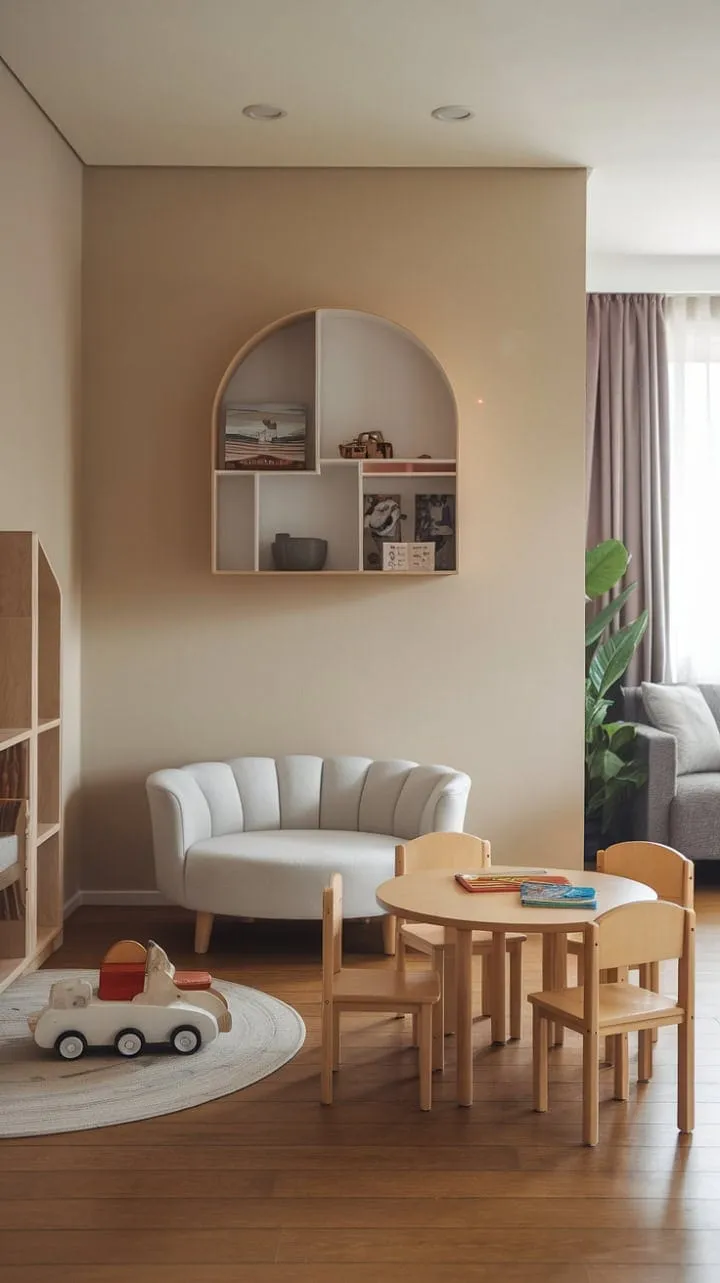 This beautifully designed home harmoniously merges a lively playroom with a serene living room, creating an inviting atmosphere that caters to both playful adventures and tranquil evenings.