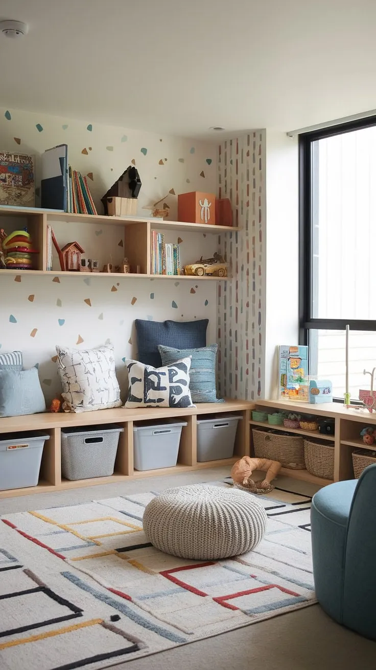 This family living room playroom is a dream come true!  Packed with playroom ideas for children's playroom design, this space effortlessly combines modern aesthetics with child-friendly functionality.  From the thoughtfully curated shelves to the inviting reading area, it's the ultimate kids playroom inspiration for ages 5-8.  A perfect example of interior design playroom excellence.
